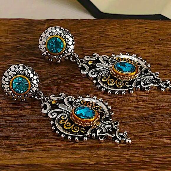 Vintage Blue Topaz Crystal Zircon Two Tone Dangle Earrings - Picture 4 of 7